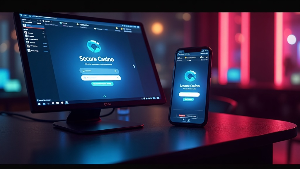 Computer e smartphone con schermate di login in un ambiente casinò scuro