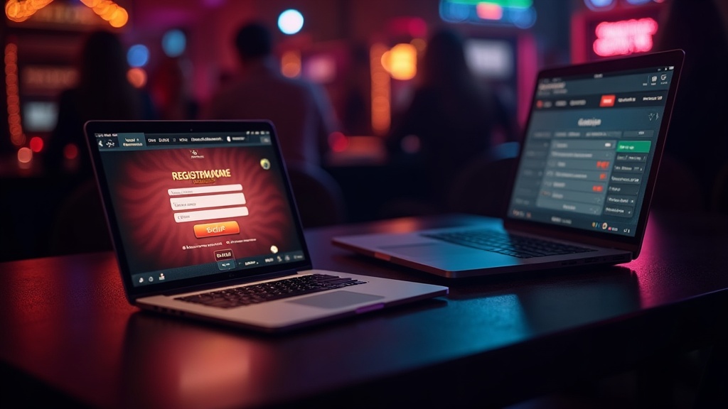 Modulo di registrazione casinò su tablet con atmosfera scura e neon